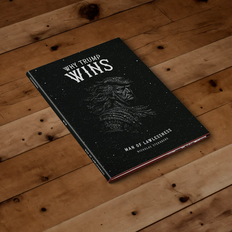 Why Trump Wins: Man of Lawlessness, a foil-embossed hardcover, resting on worn pine boards