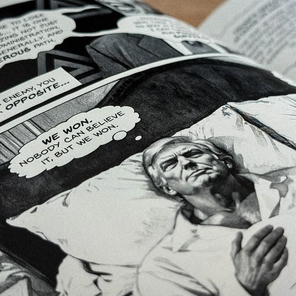 Interior spread, black-and-white sequential art