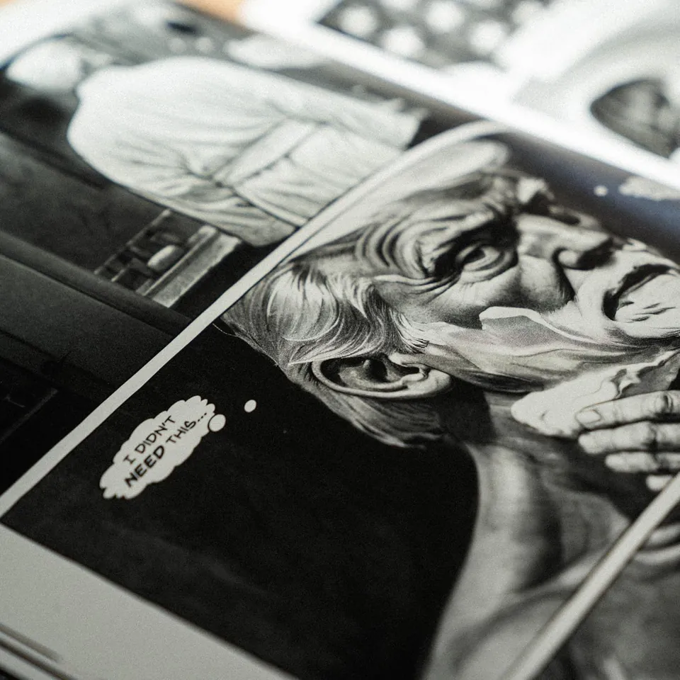 Interior spread, engraved-style portraits