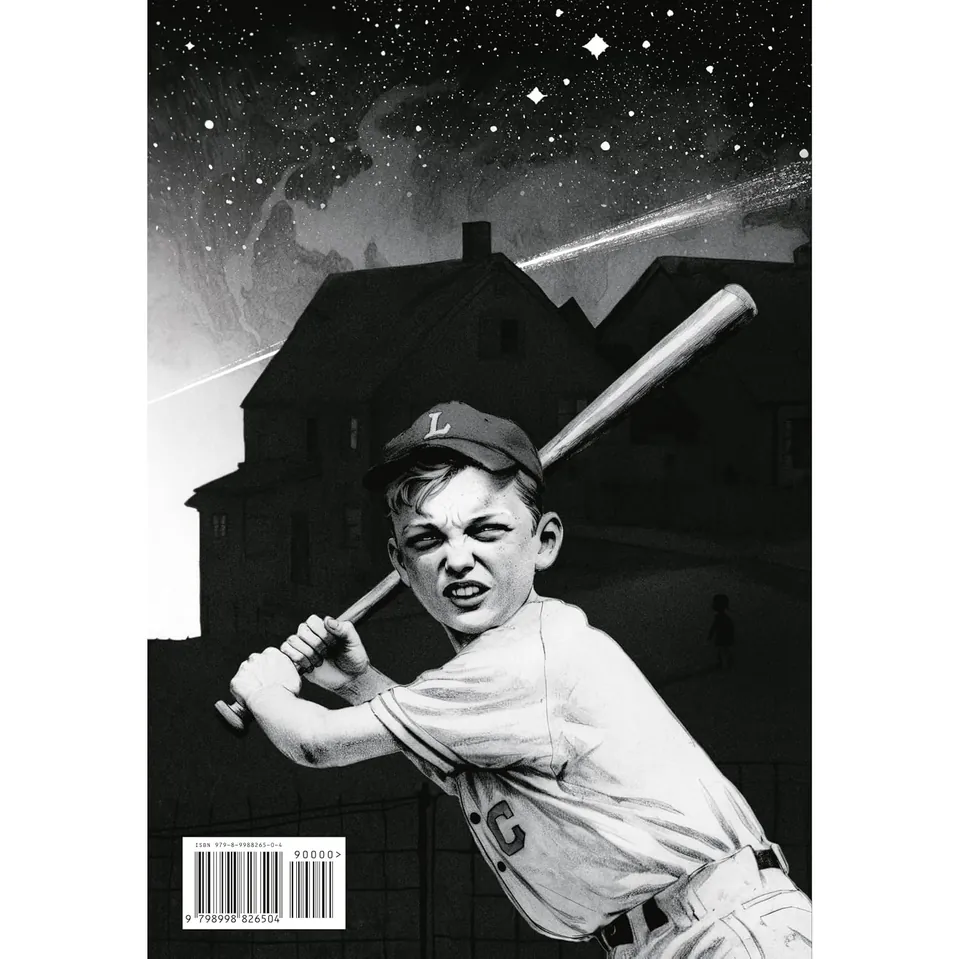 Back cover, a boy at bat under a starred sky