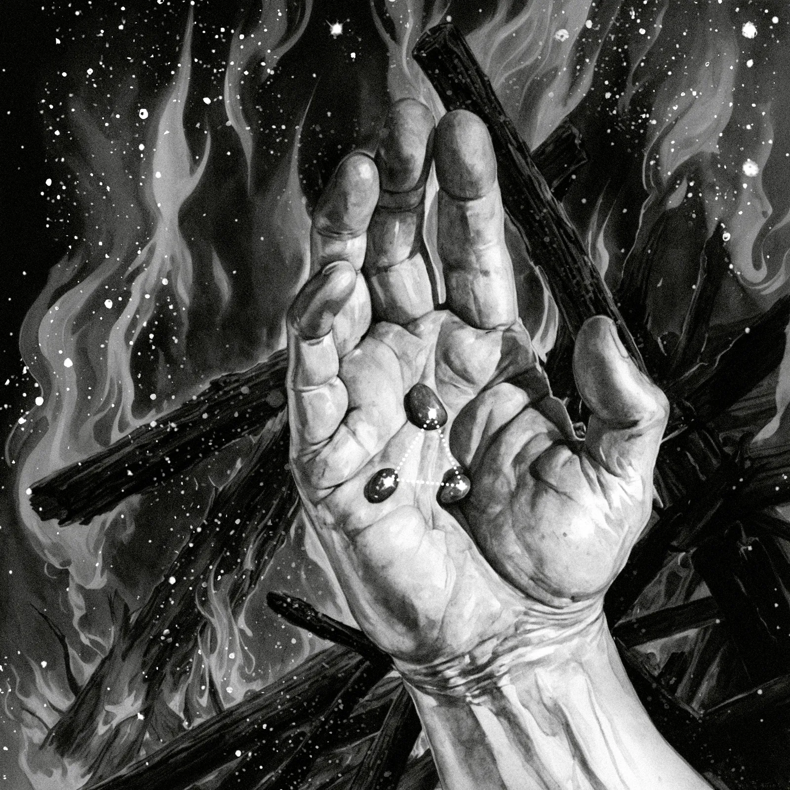Illustrated hand holding drops of light amid fire and stars